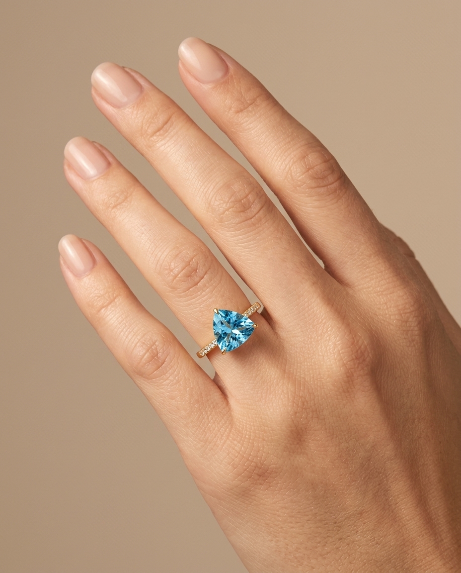 14KT Yellow Gold Aquamarine and Diamonds Ring on model