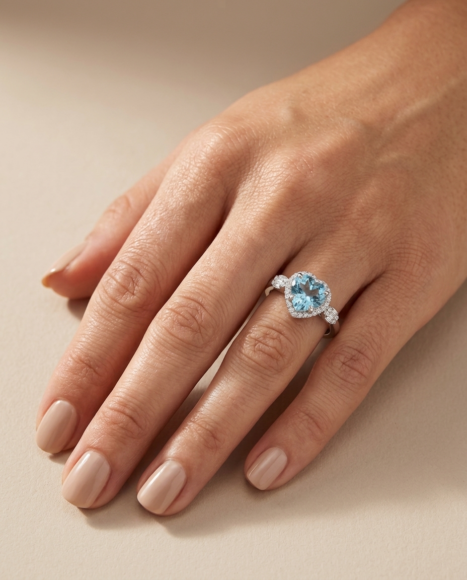 14KT White Gold Heart Shape Aquamarine and Diamonds Ring on model
