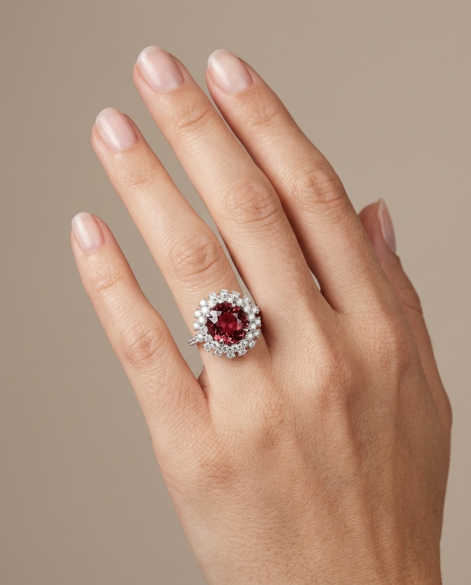 14KT White Gold Pink Tourmaline and Diamonds Ring on model