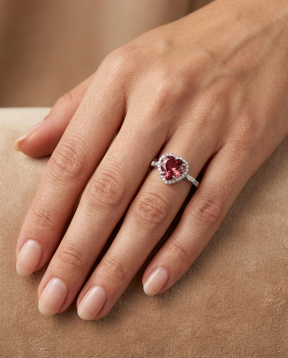 14KT White Gold Pink Tourmaline and Diamonds Ring on model