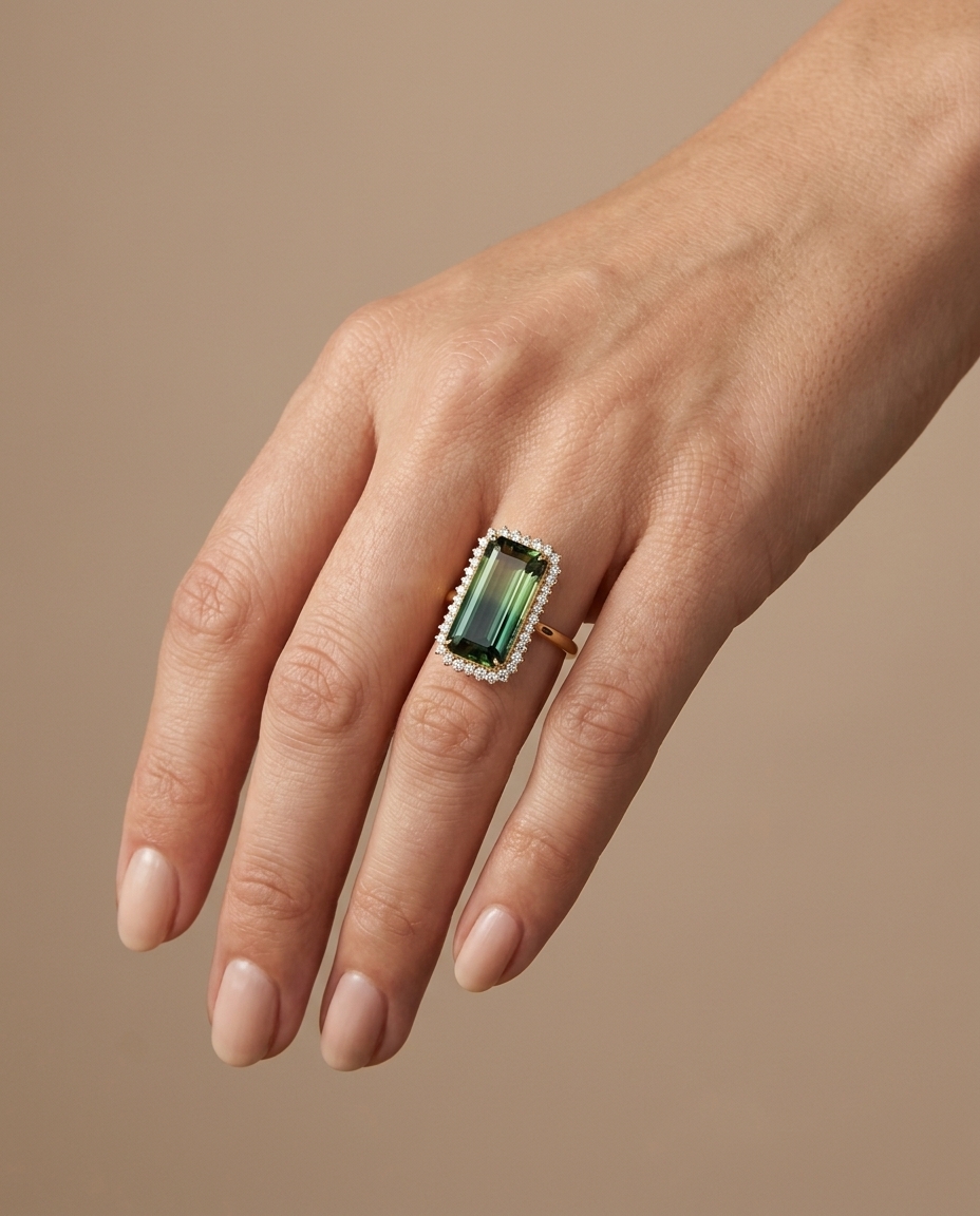 14KT Yellow Gold Square Rectangle Tourmaline and Diamonds Ring on model