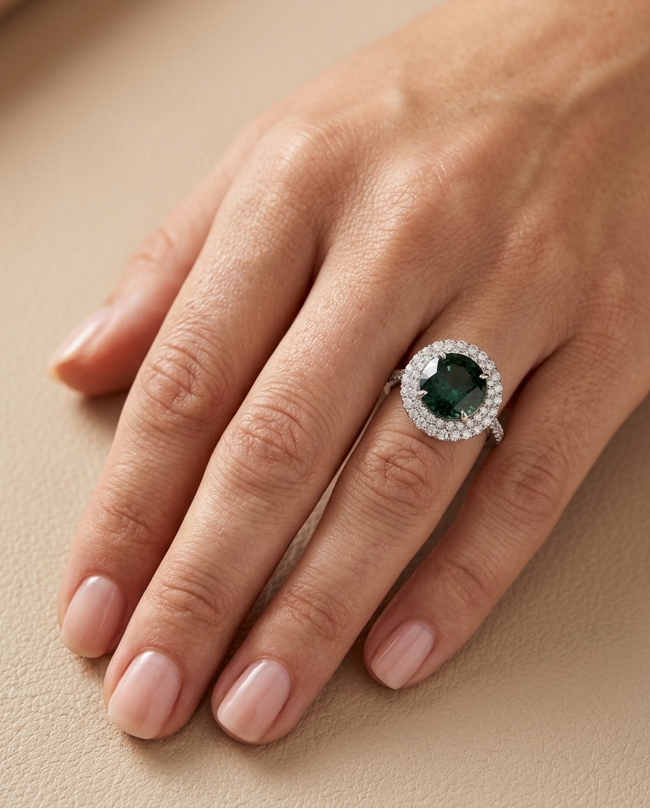 14KT White Gold Rectangle Tourmaline and Diamonds Ring on model