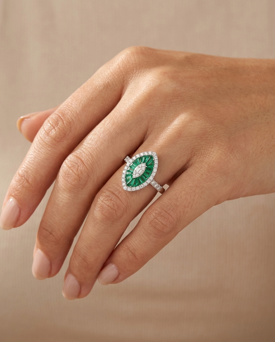14KT White Gold Emerald and Diamonds Marquise Ring on model