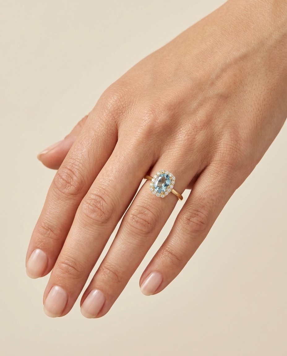 14KT Gold Aquamarine and Diamonds Ring on model