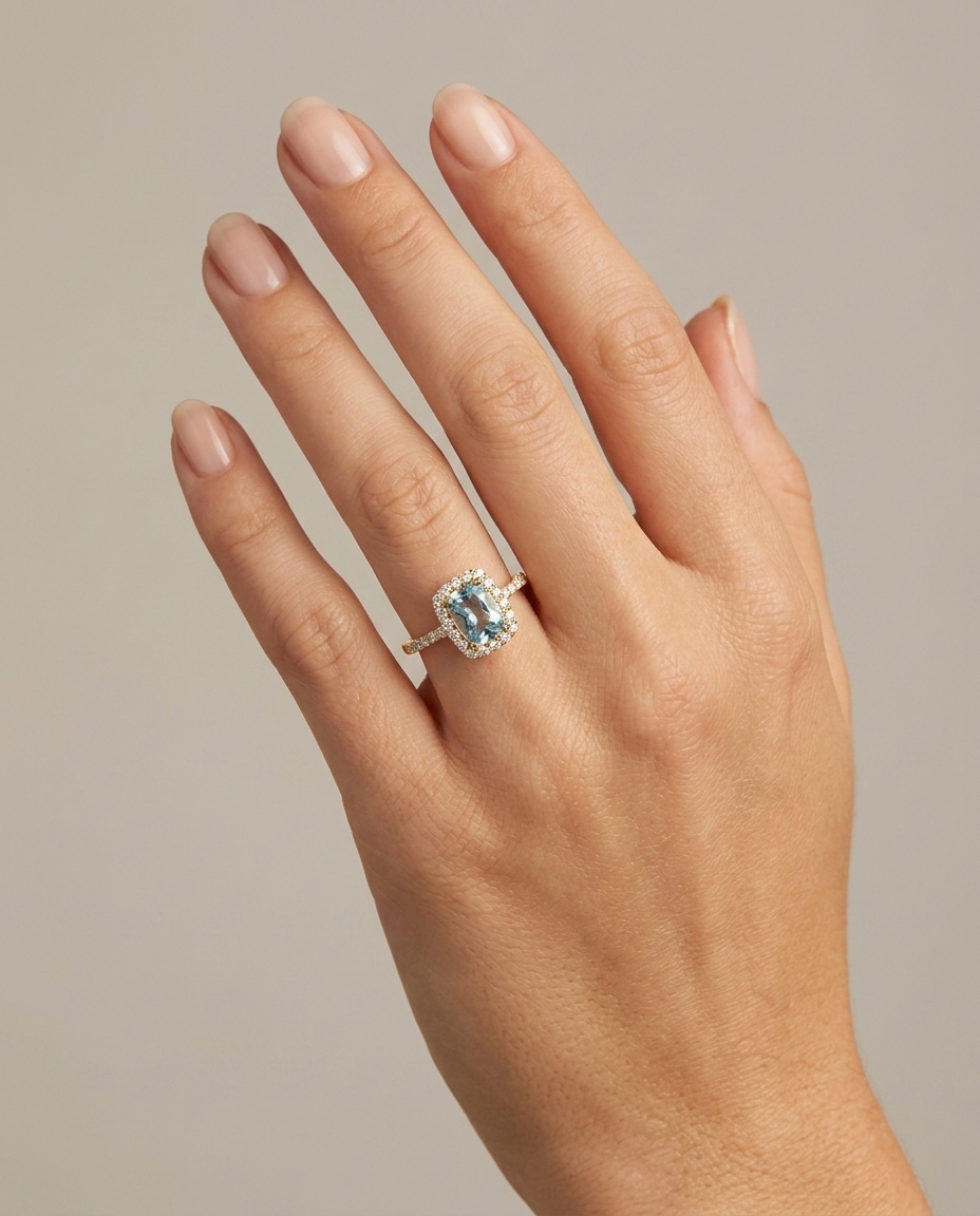 14KT Gold Aquamarine and Diamonds Ring on model