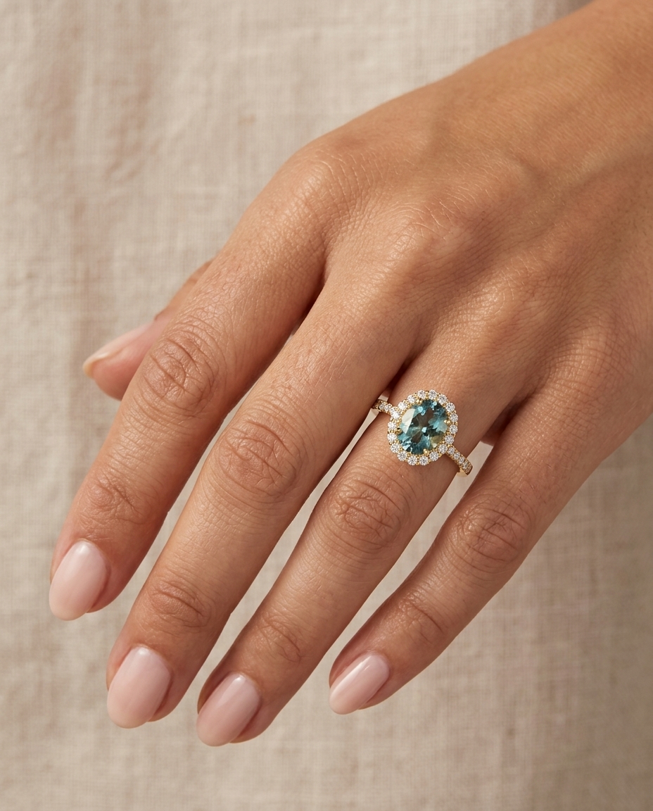14KT Gold Aquamarine and Diamonds Ring on model