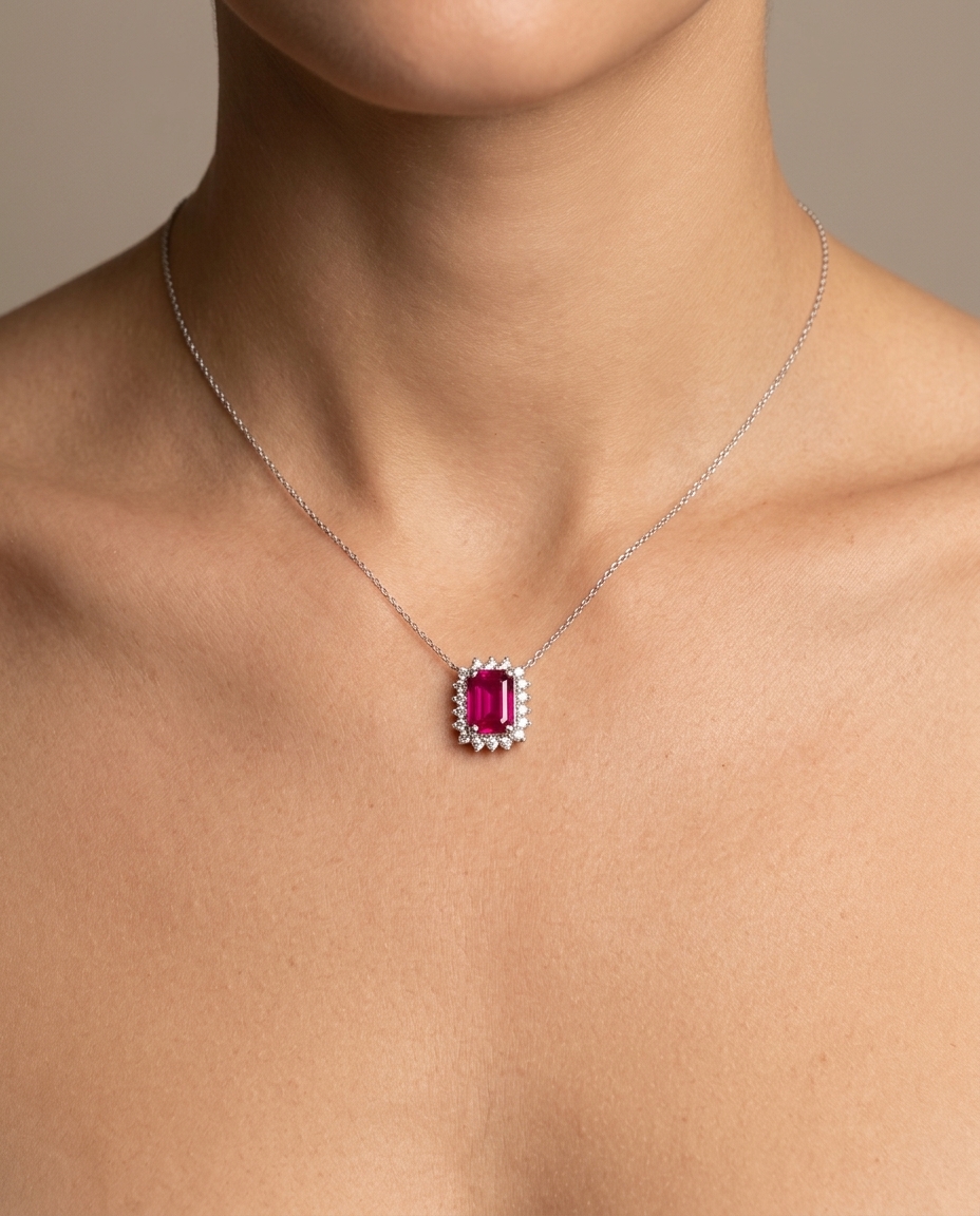 18KT White Gold Diamond and Ruby Pendent on model