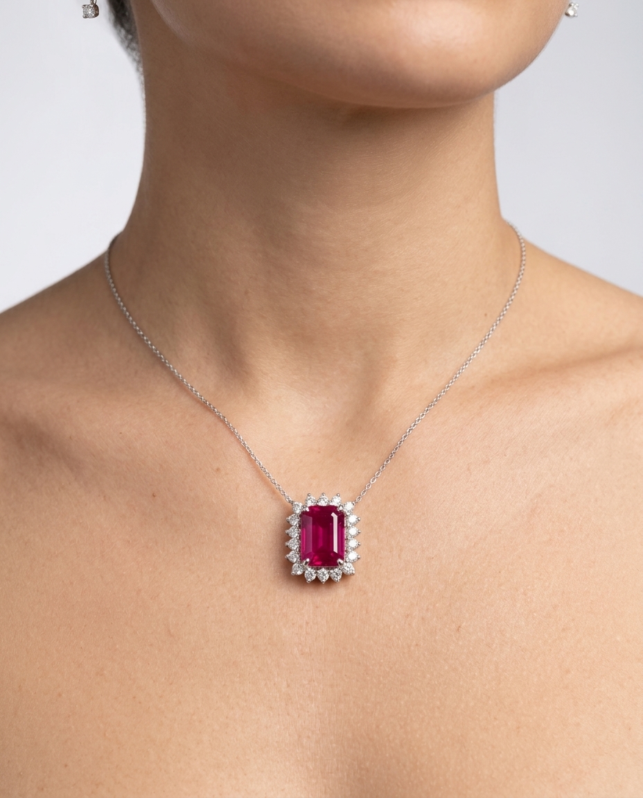 18KT White Gold Diamond and Ruby Pendent on model