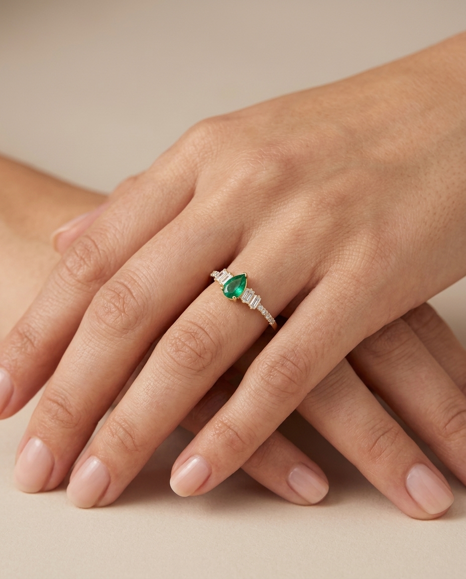 14KT Yellow Gold Emerald and Diamond Ring on model