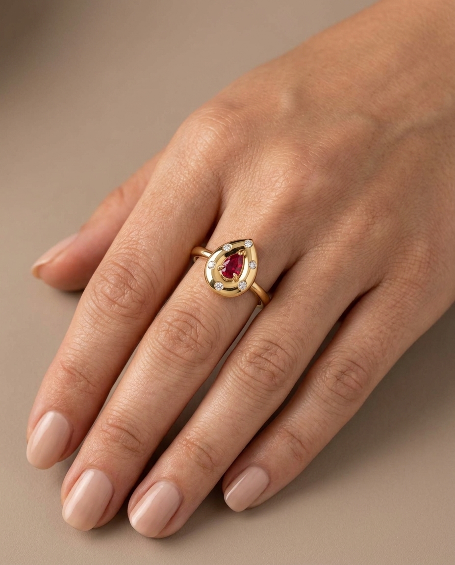 14KT Yellow Gold Pink Sapphire and Diamond Ring on model