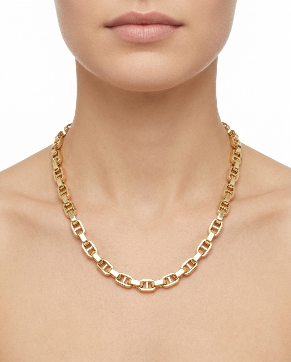 14KT Yellow Gold Anchor Cable Link Necklace on model