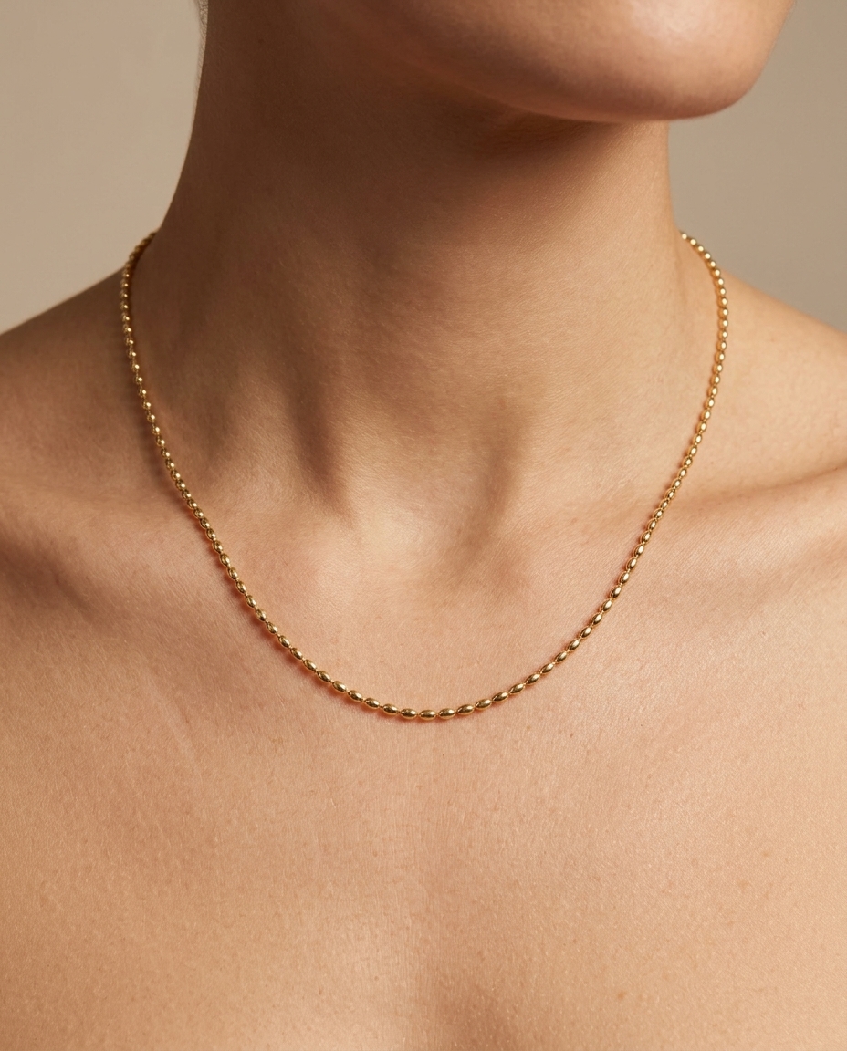 14KT Yellow Gold Beaded Chain Necklace on model