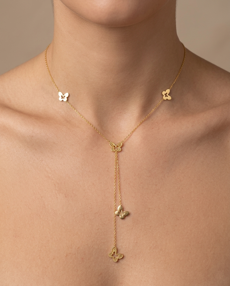 14KT Yellow Gold Butterfly Necklace on model