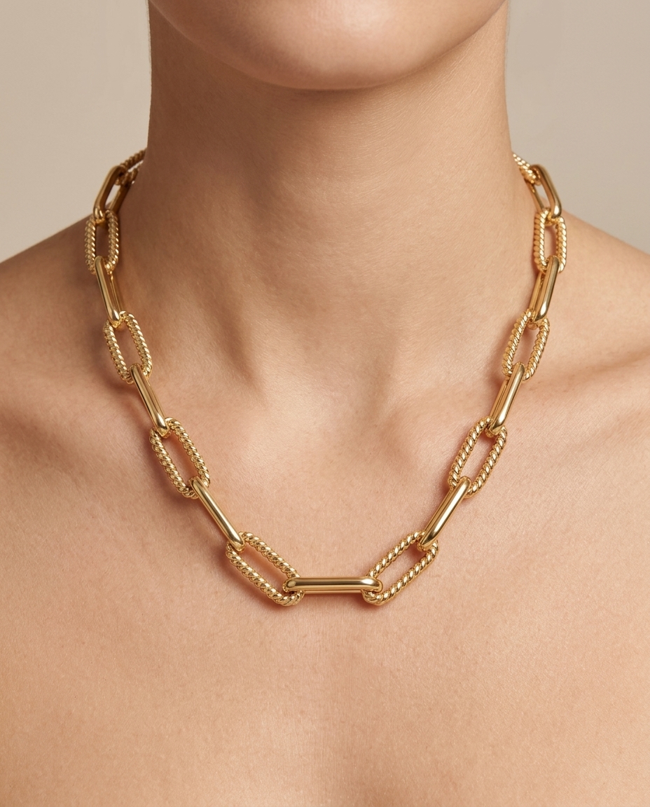 14KT Gold Paperclip Twisted Necklace on model