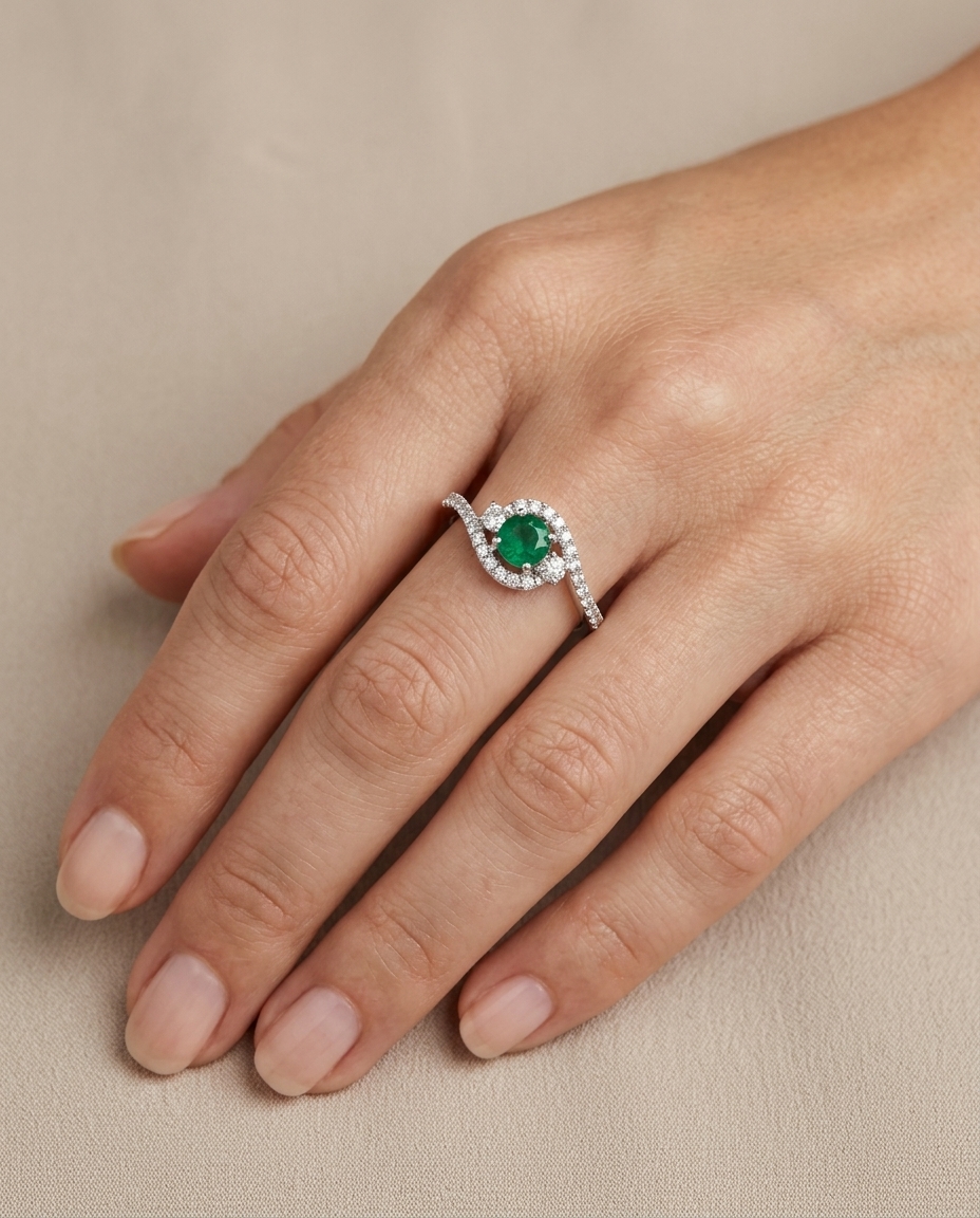 14KT White Gold Emerald and Diamonds Ring on model