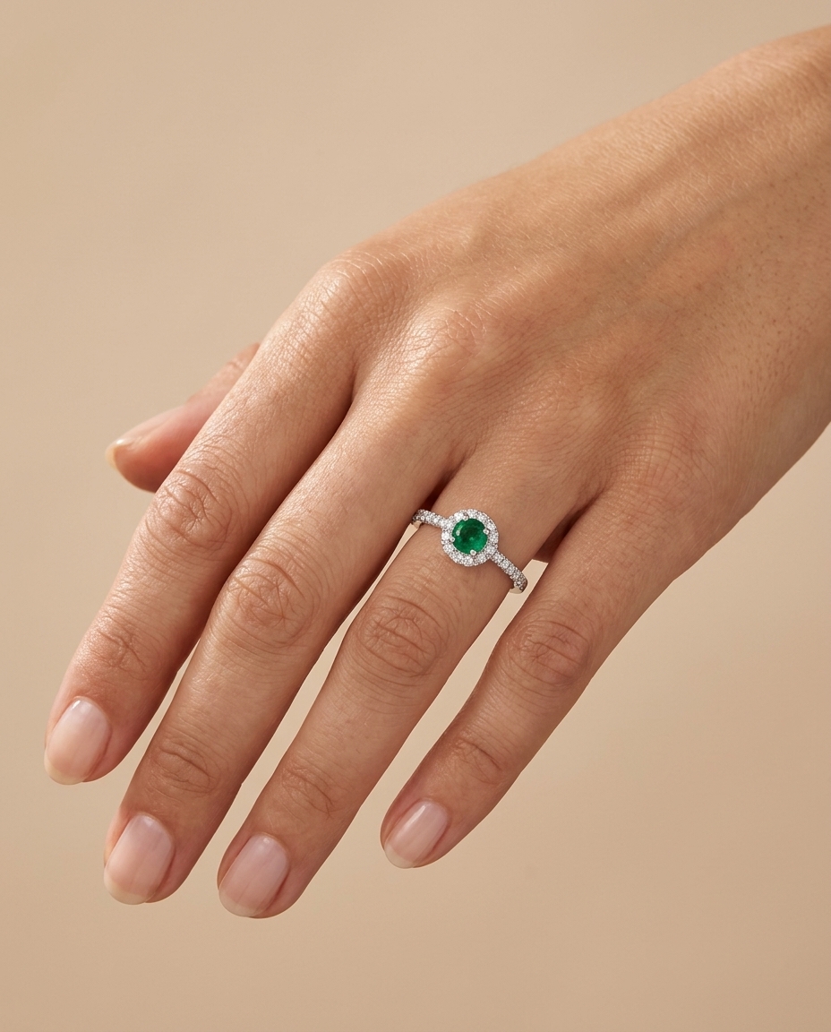 14KT White Gold Emerald and Diamonds Ring on model