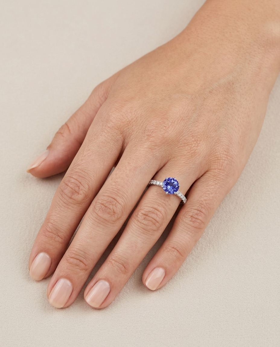 14KT White Gold Tanzanite and Diamonds Ring on model