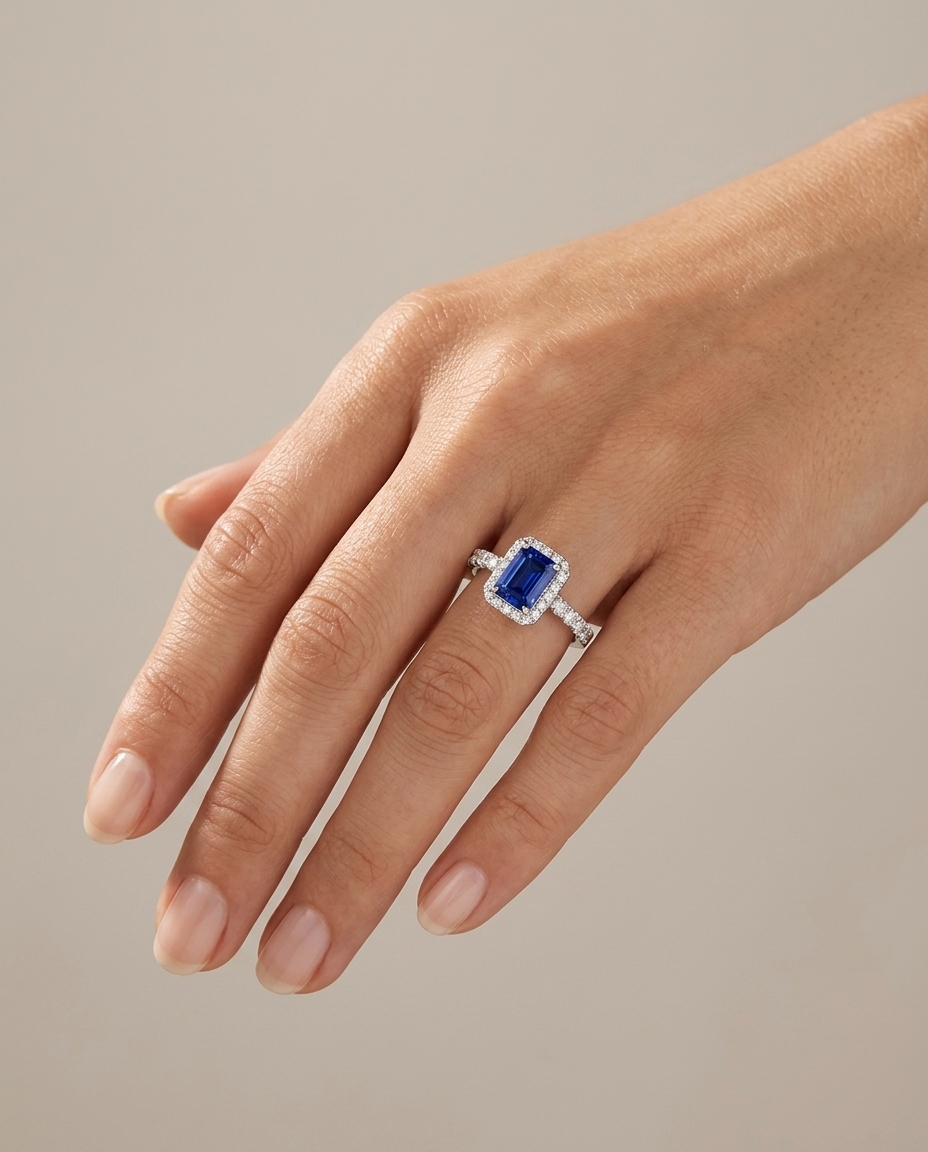 14KT White Gold Tanzanite and Diamonds Ring on model