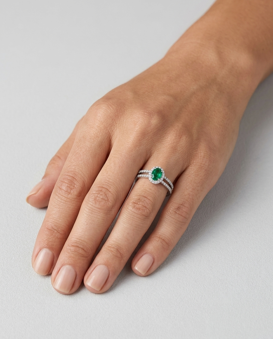 14KT White Gold Emerald and Diamonds Ring on model