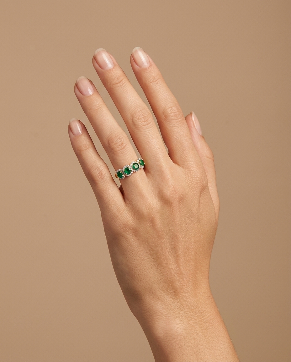 14KT Yellow Gold Emerald and Diamonds Ring on model