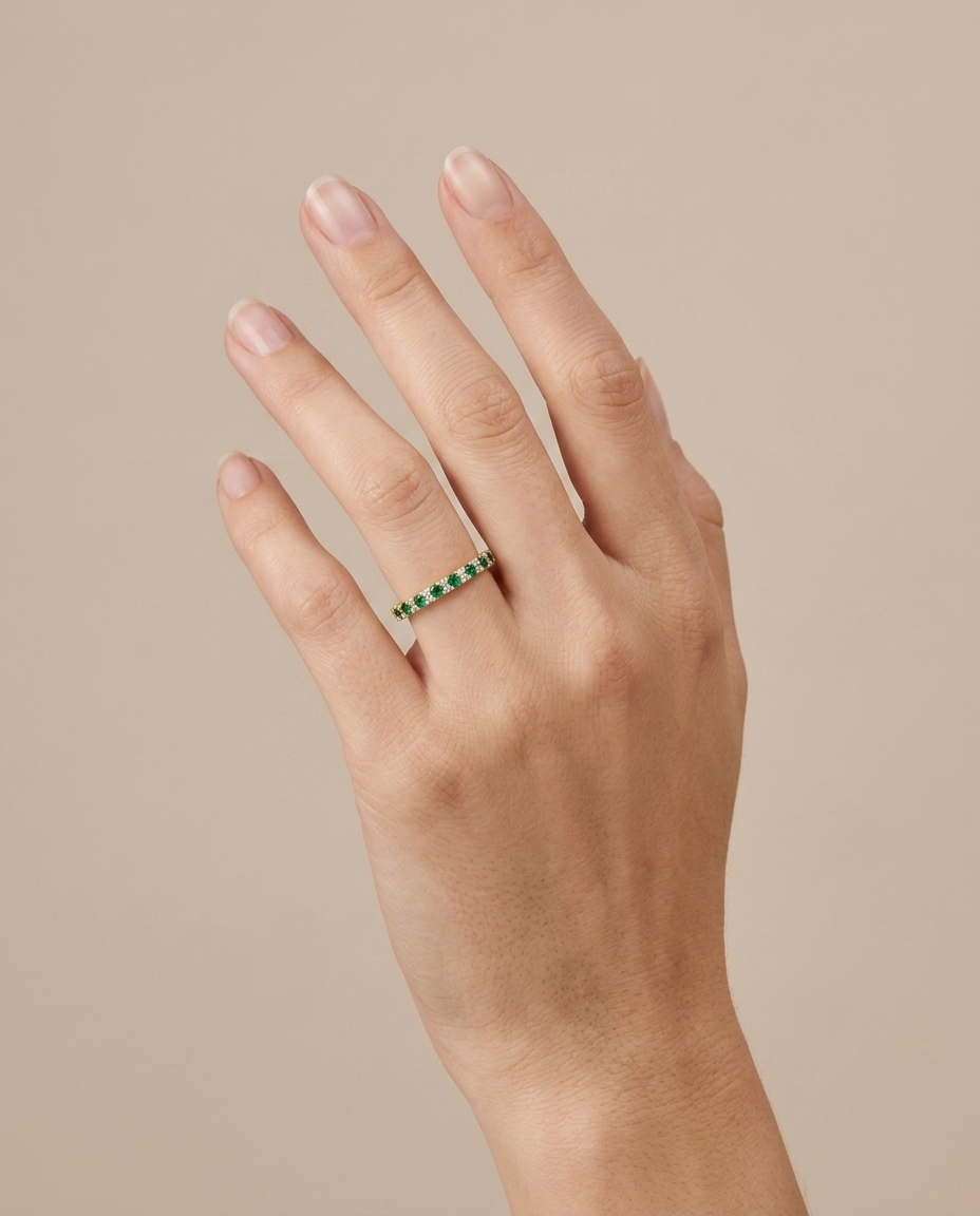 14KT Yellow Gold Emerald and Diamonds Ring on model