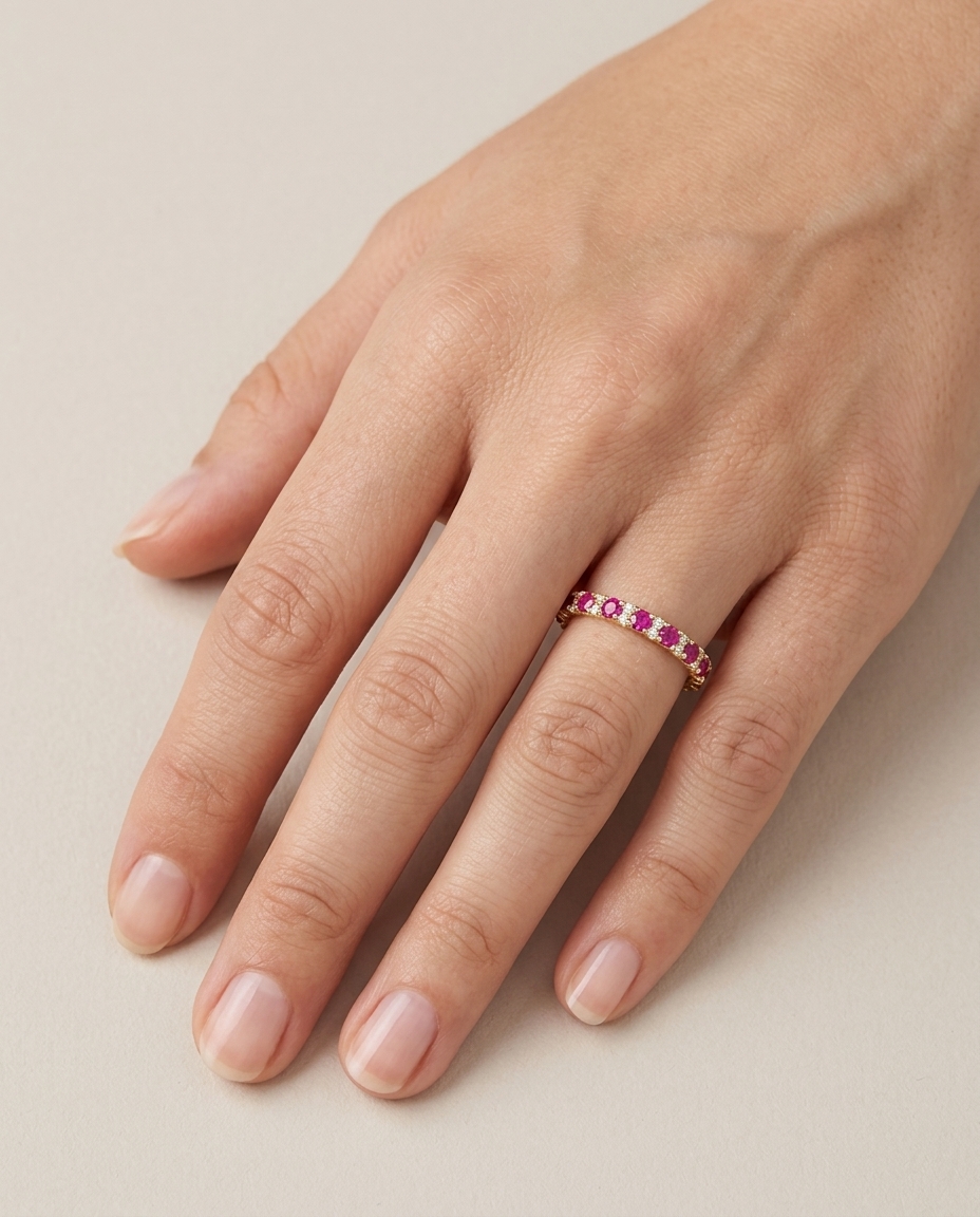 14KT Yellow Gold Ruby and Diamonds Ring on model