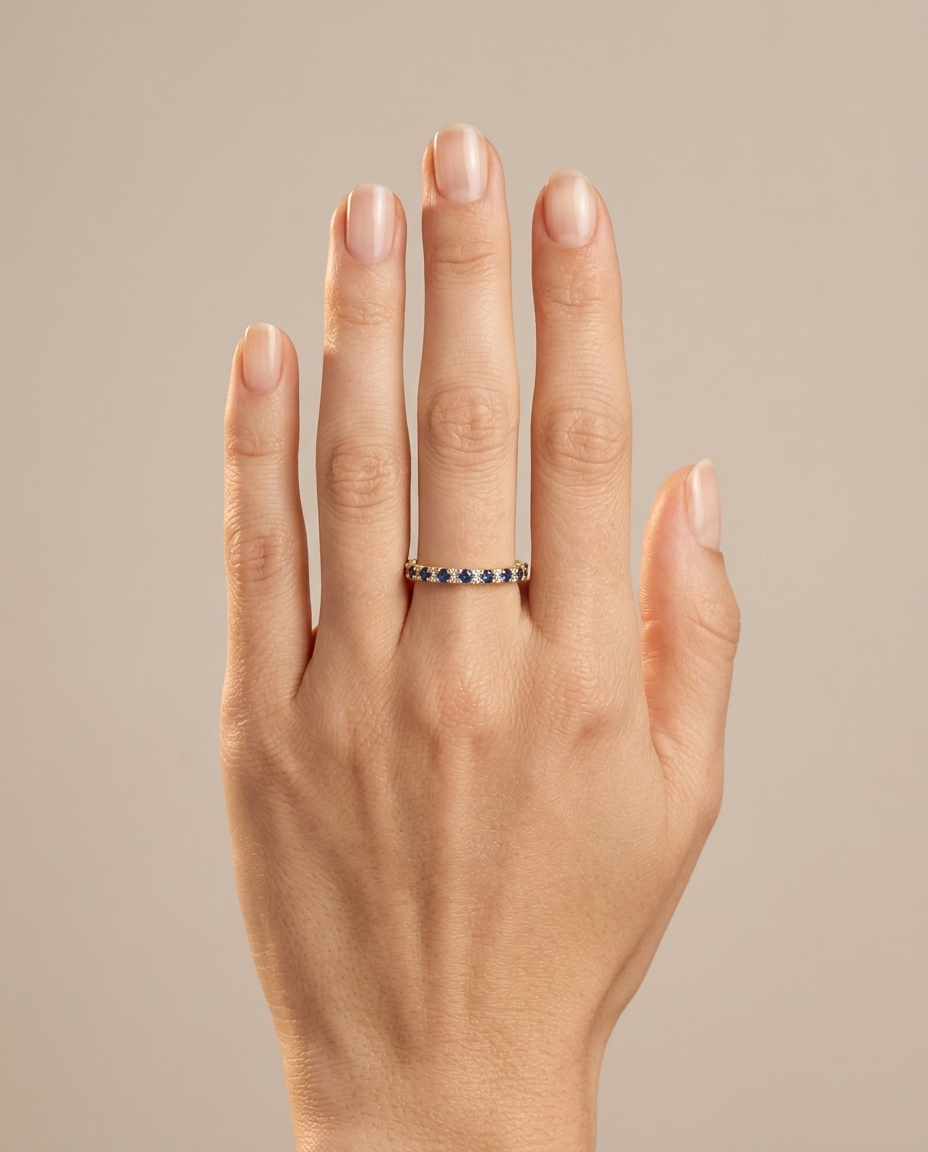 14KT Yellow Gold Sapphire and Diamonds Ring on model