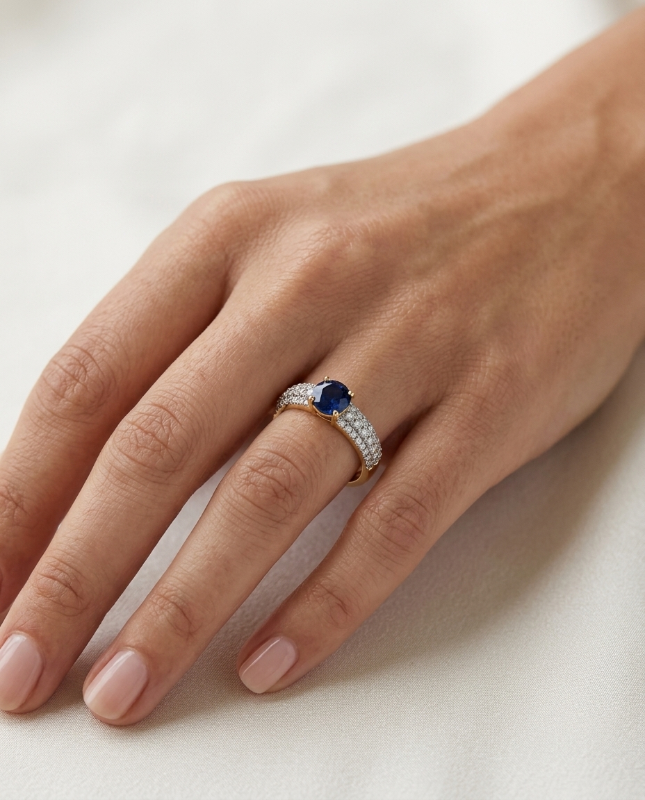 14KT Yellow Gold Sapphire and Diamonds Ring on model