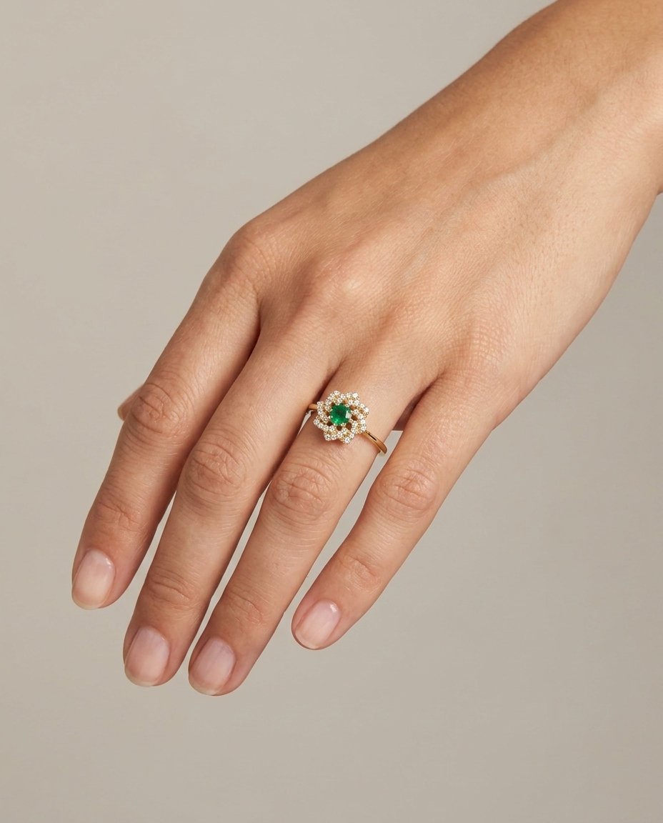 14KT Yellow Gold Emerald and Diamonds Ring on model