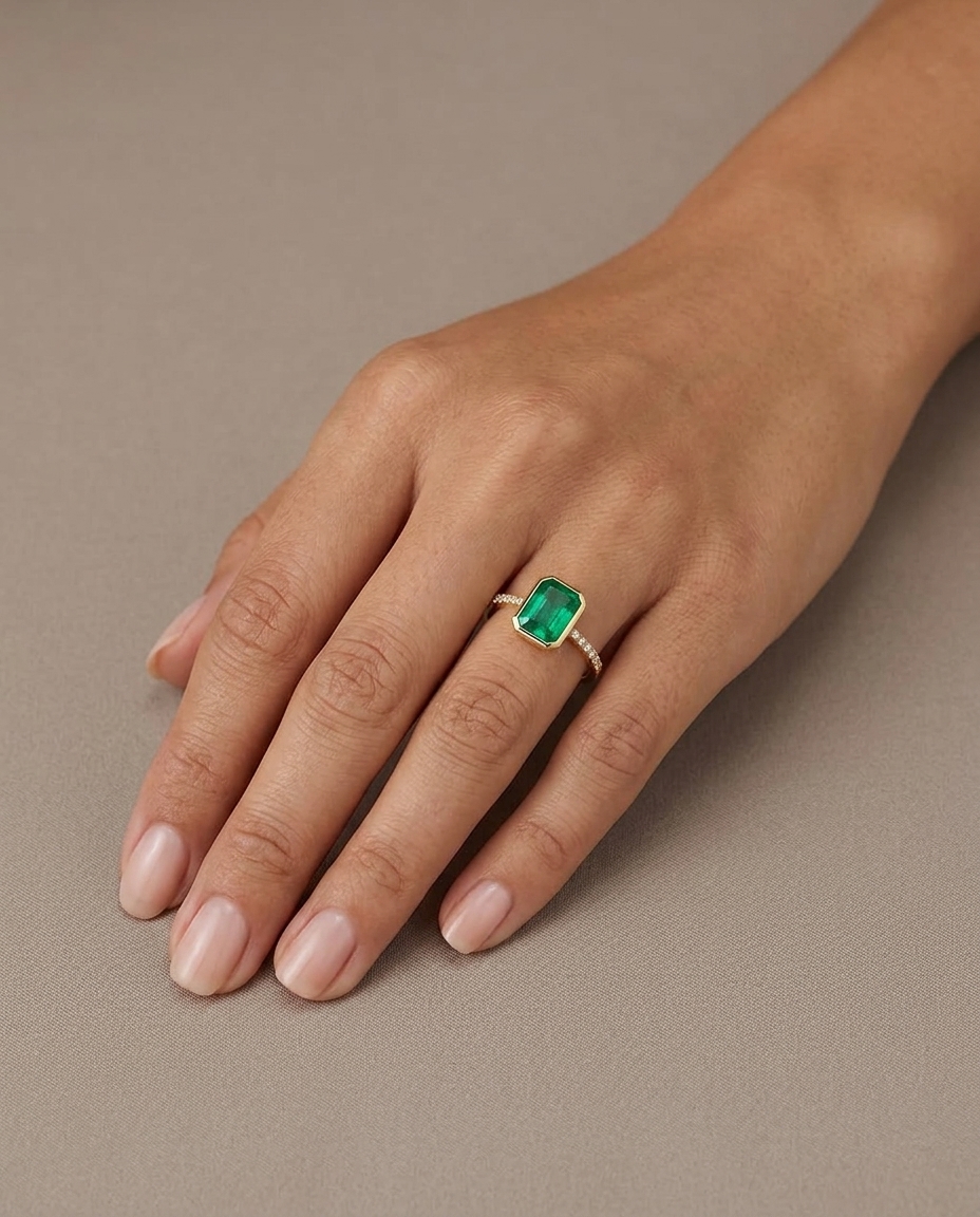 14KT Yellow Gold Emerald and Diamonds Ring on model
