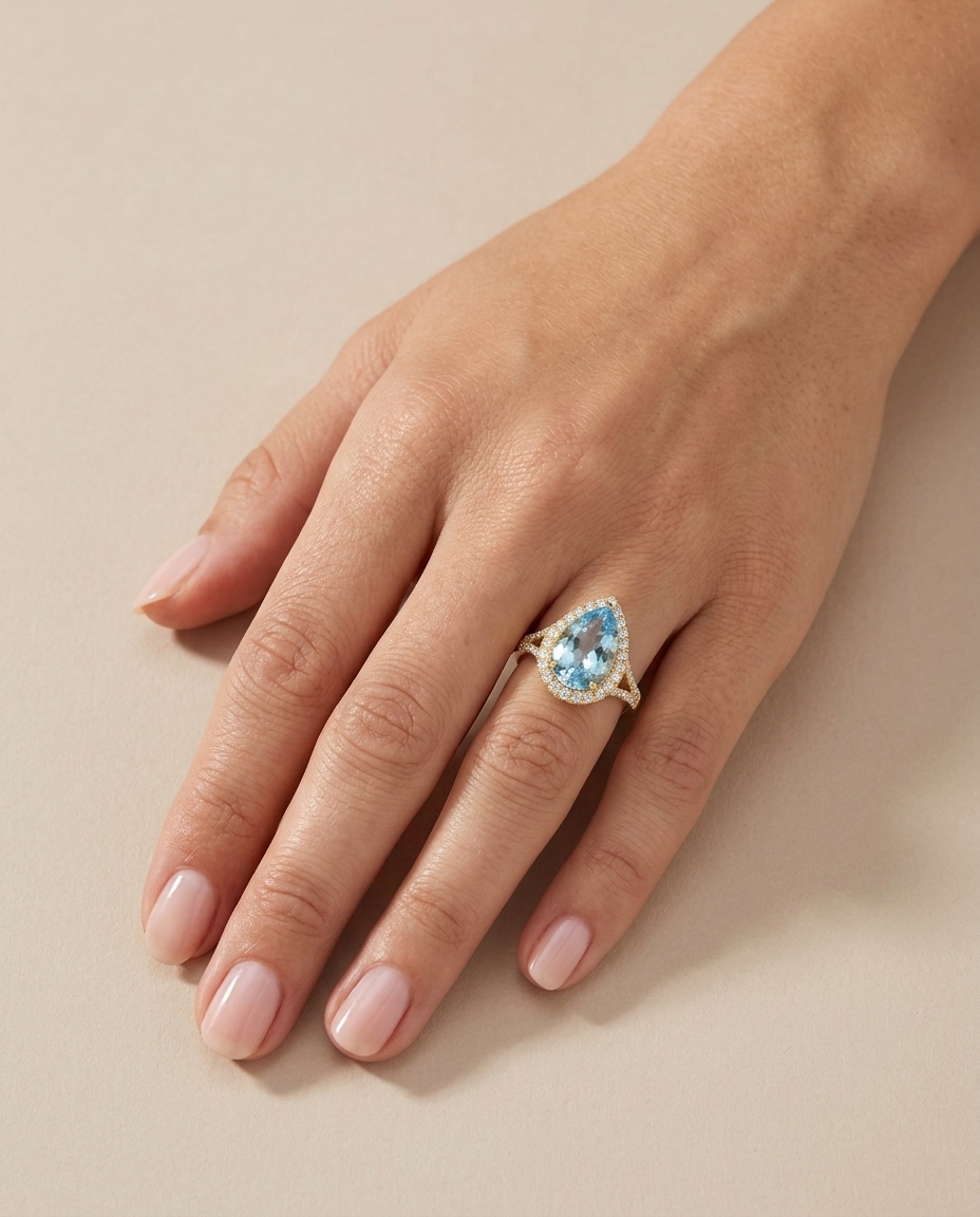 14KT Yellow Gold Aquamarine and Diamonds Ring on model