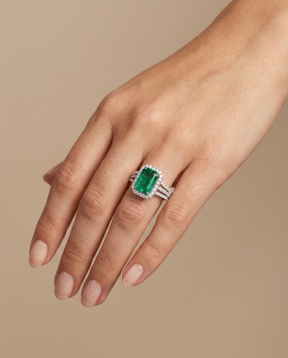 18KT White Gold Emerald and Diamonds Ring on model