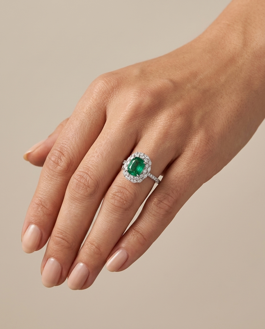 18KT White Gold Emerald and Diamonds Ring on model
