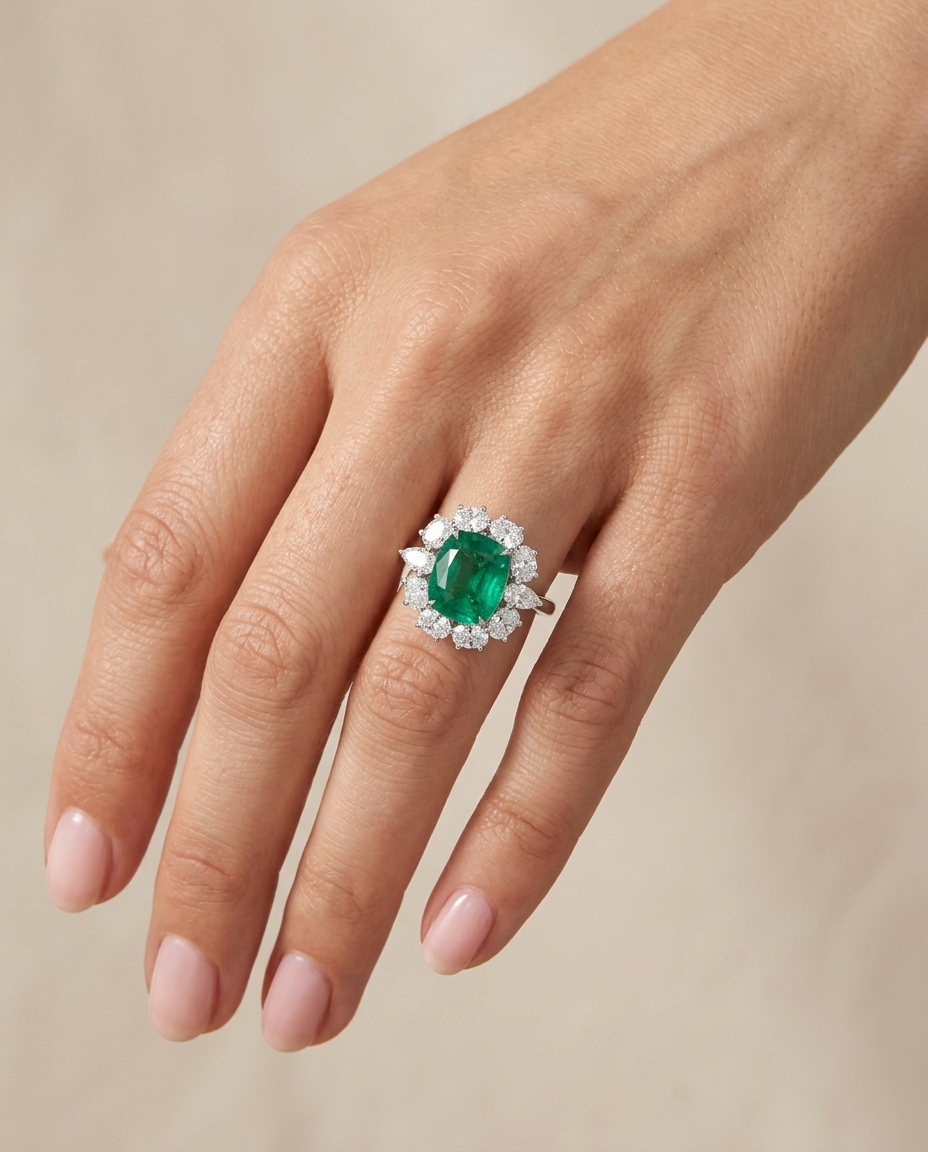 18KT White Gold Emerald and Diamonds Ring on model