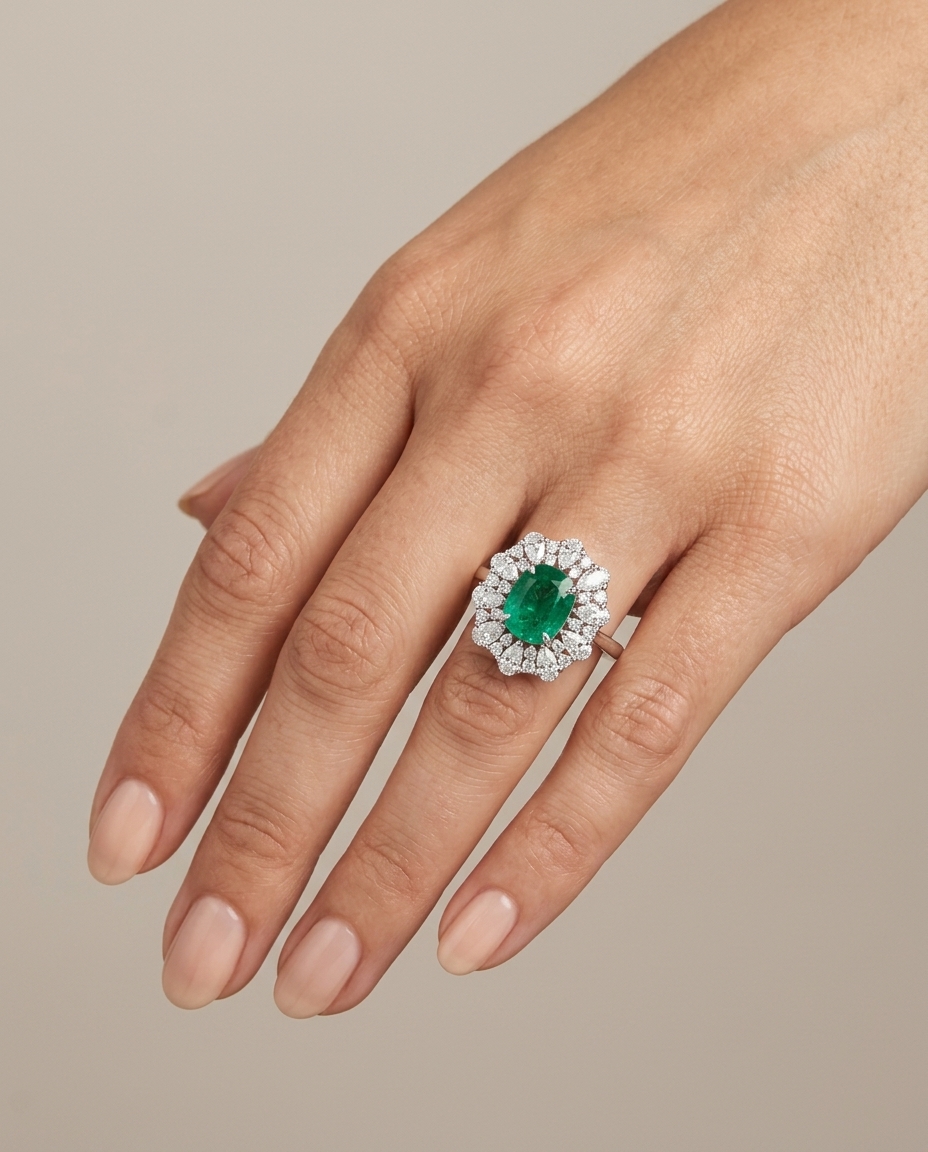 18KT White Gold Emerald and Diamonds Ring on model