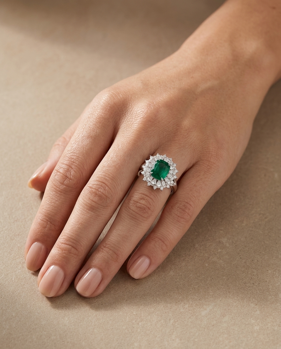 18KT White Gold Emerald and Diamonds Ring on model