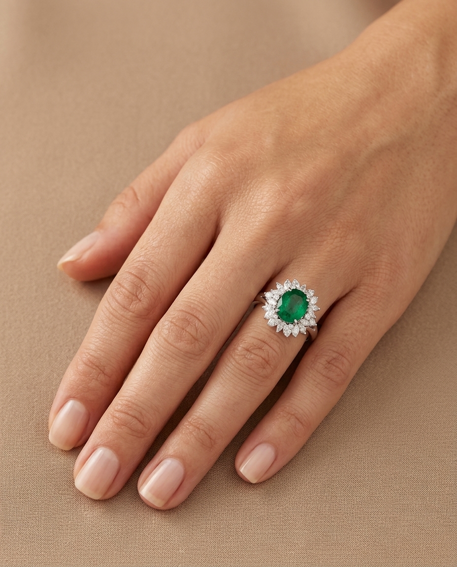 18KT White Gold Emerald and Diamonds Ring on model