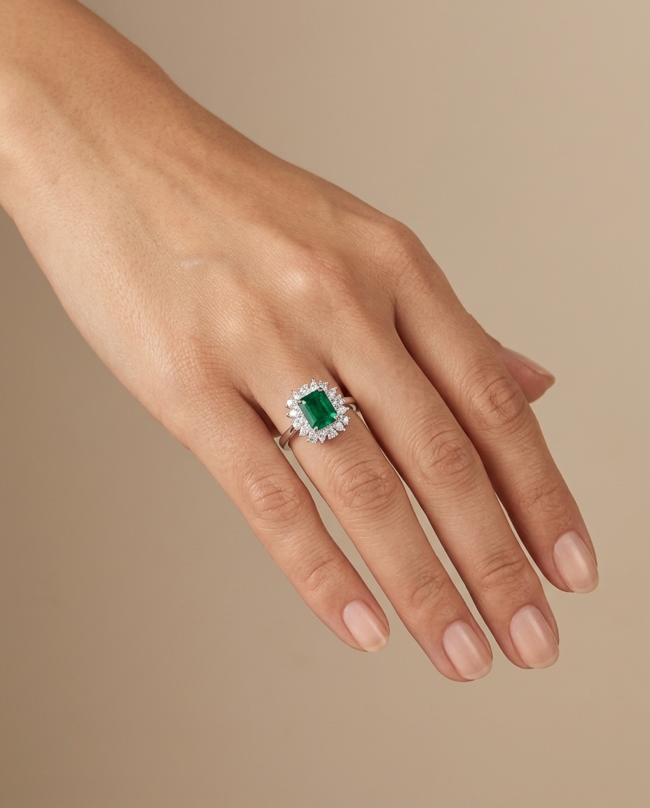 18KT White Gold Emerald and Diamonds Ring on model