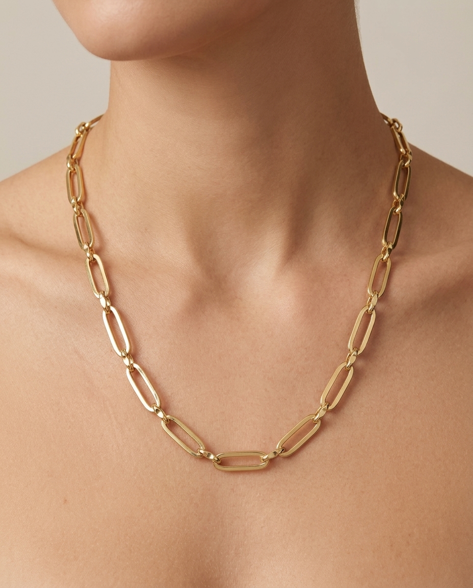 14KT Yellow Gold Paperclip Necklace on model