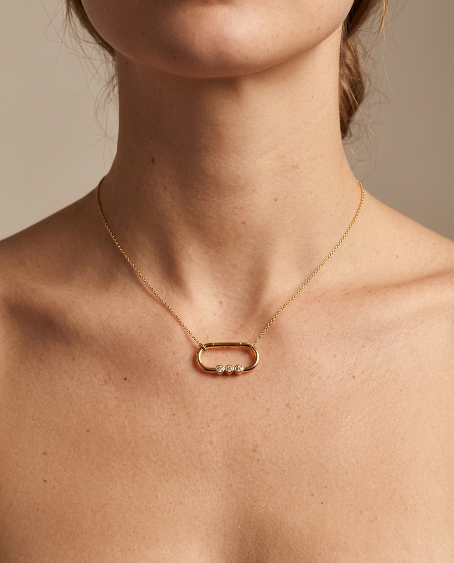 3 Diamonds Paperclip Lock Pendant in Yellow Gold on model