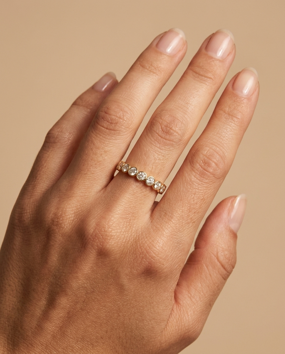 9 Oval Diamond Stones Ring in Yellow Gold on model