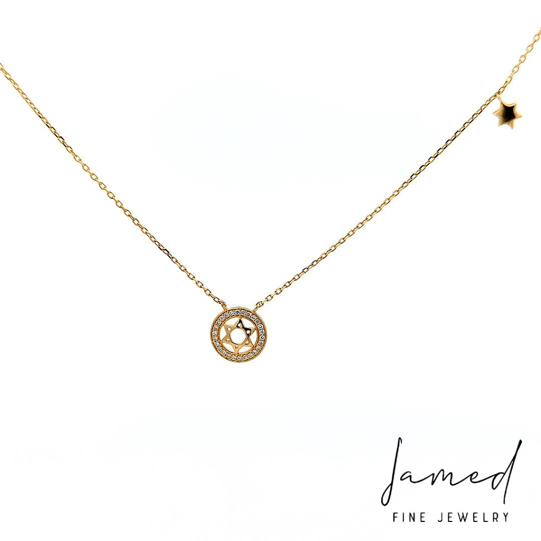 Diamond Star of David with Circle Border Necklace in Yellow Gold