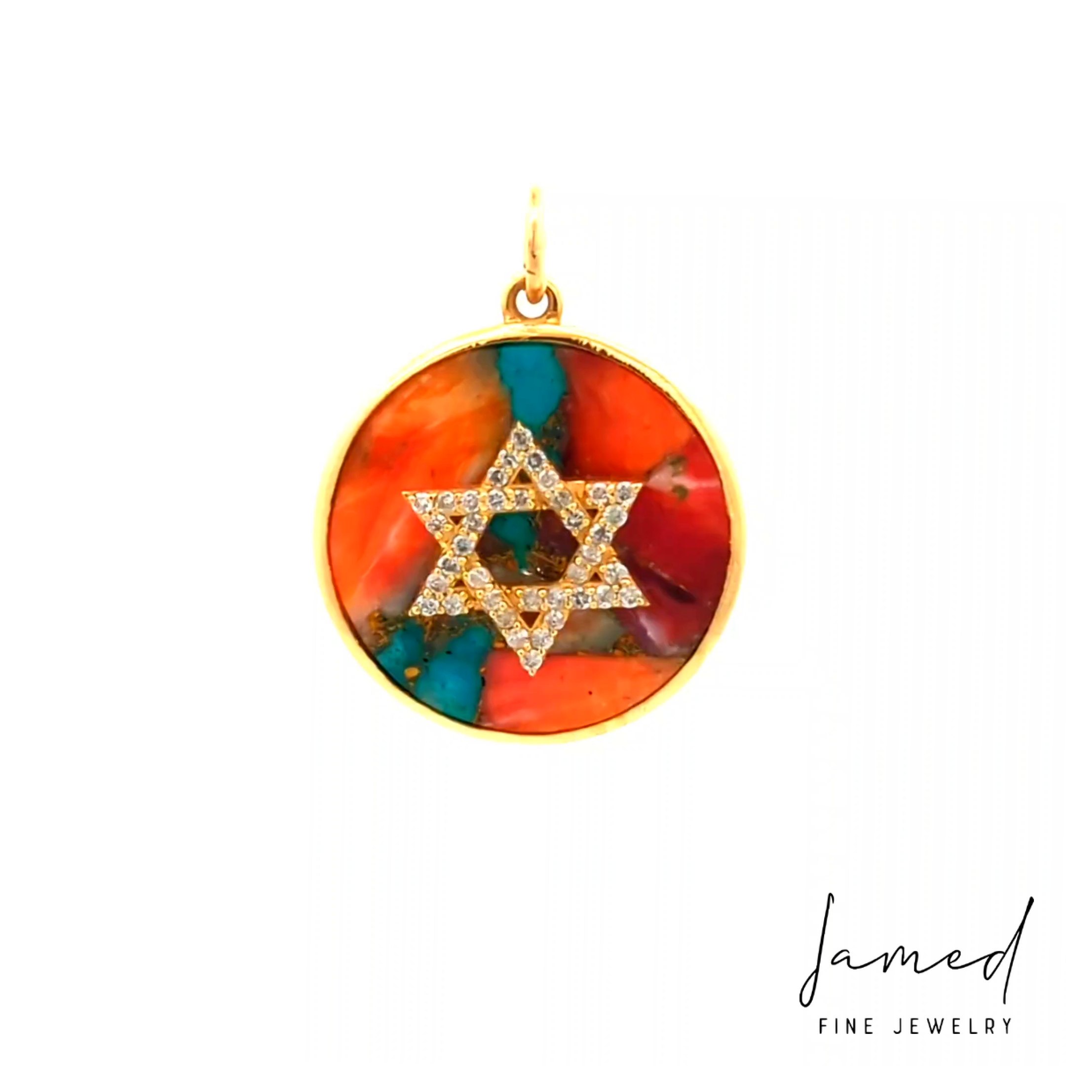Turquoise Disk Star of David Diamond Pendant in Yellow Gold