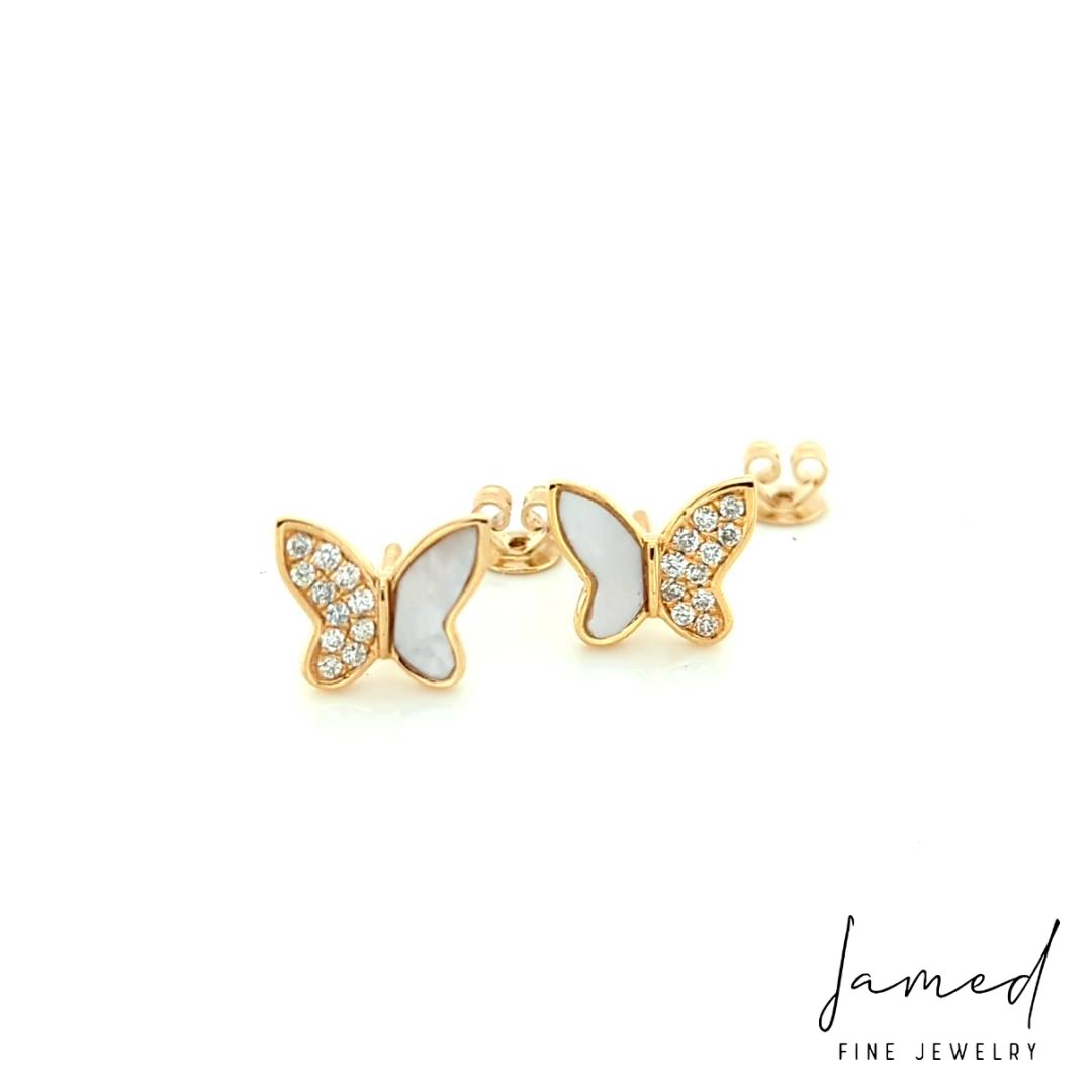 Diamond and Mother of Pearl Butterfly Earrings in Yellow Gold