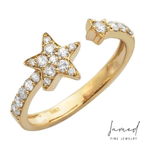 2 Stars Cluster Diamond Open Ring in Yellow Gold