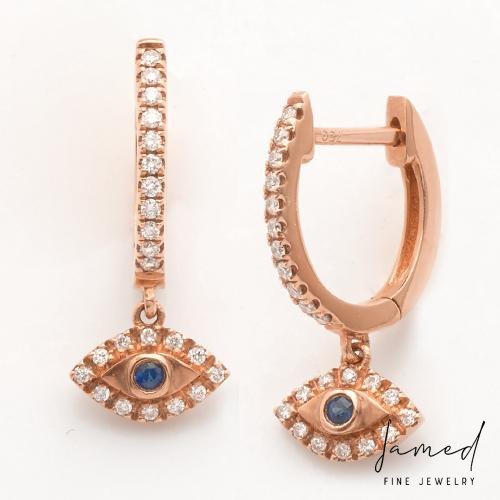 Round Diamond Huggie/Hoop Dangling Evil Eye Earrings in Rose Gold