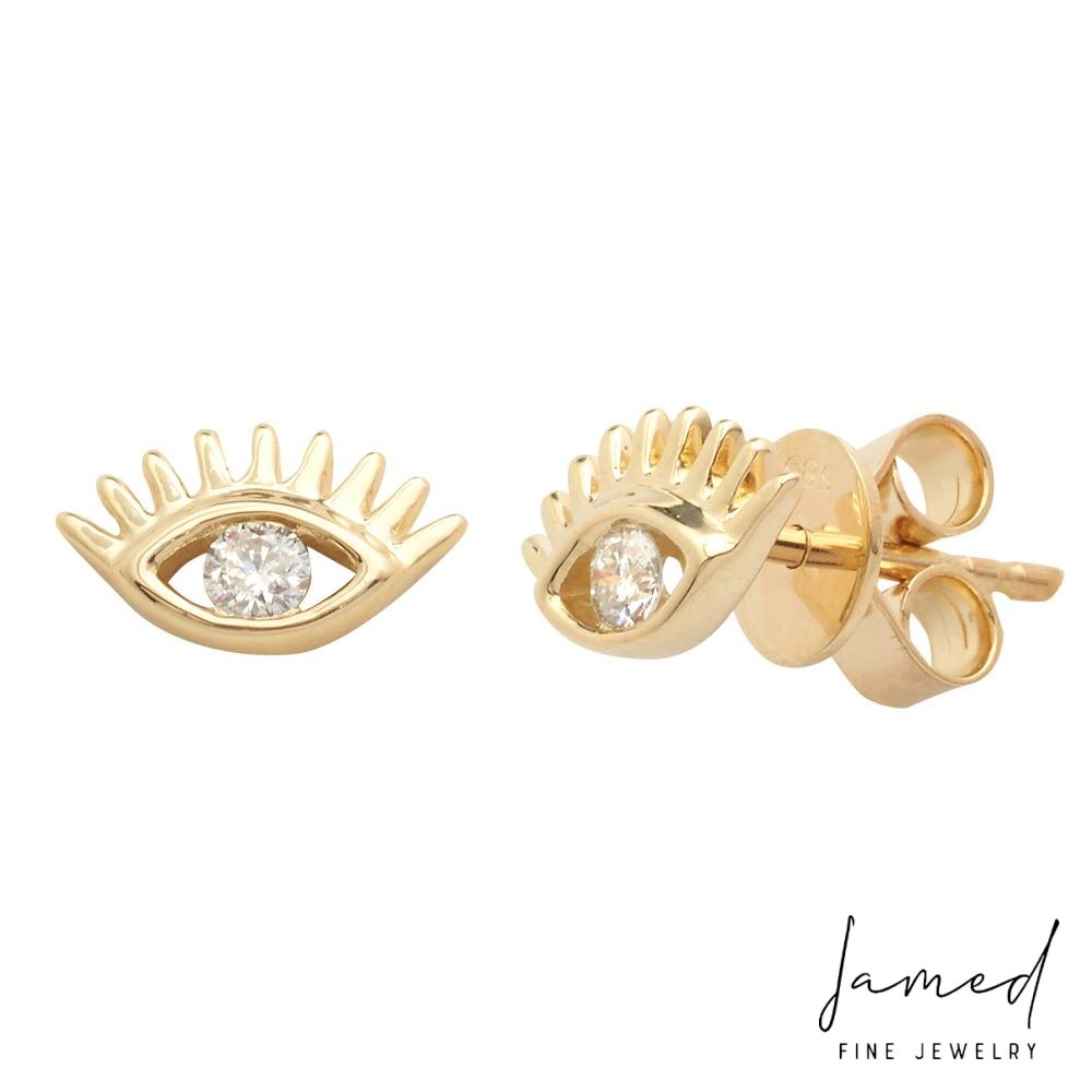 Diamond Evil Eye Earrings Studs in Yellow Gold