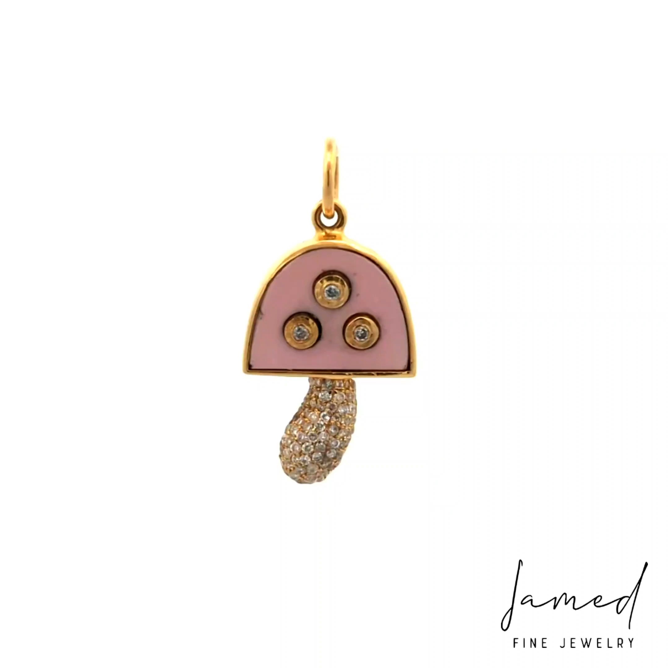 Pink Opal Mushroom Diamond Pendant in Yellow Gold