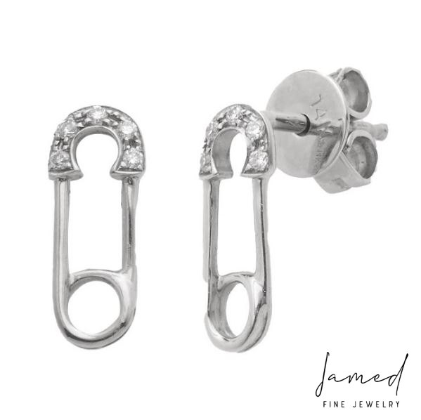 Safety Pin Diamond Earrings in White Gold