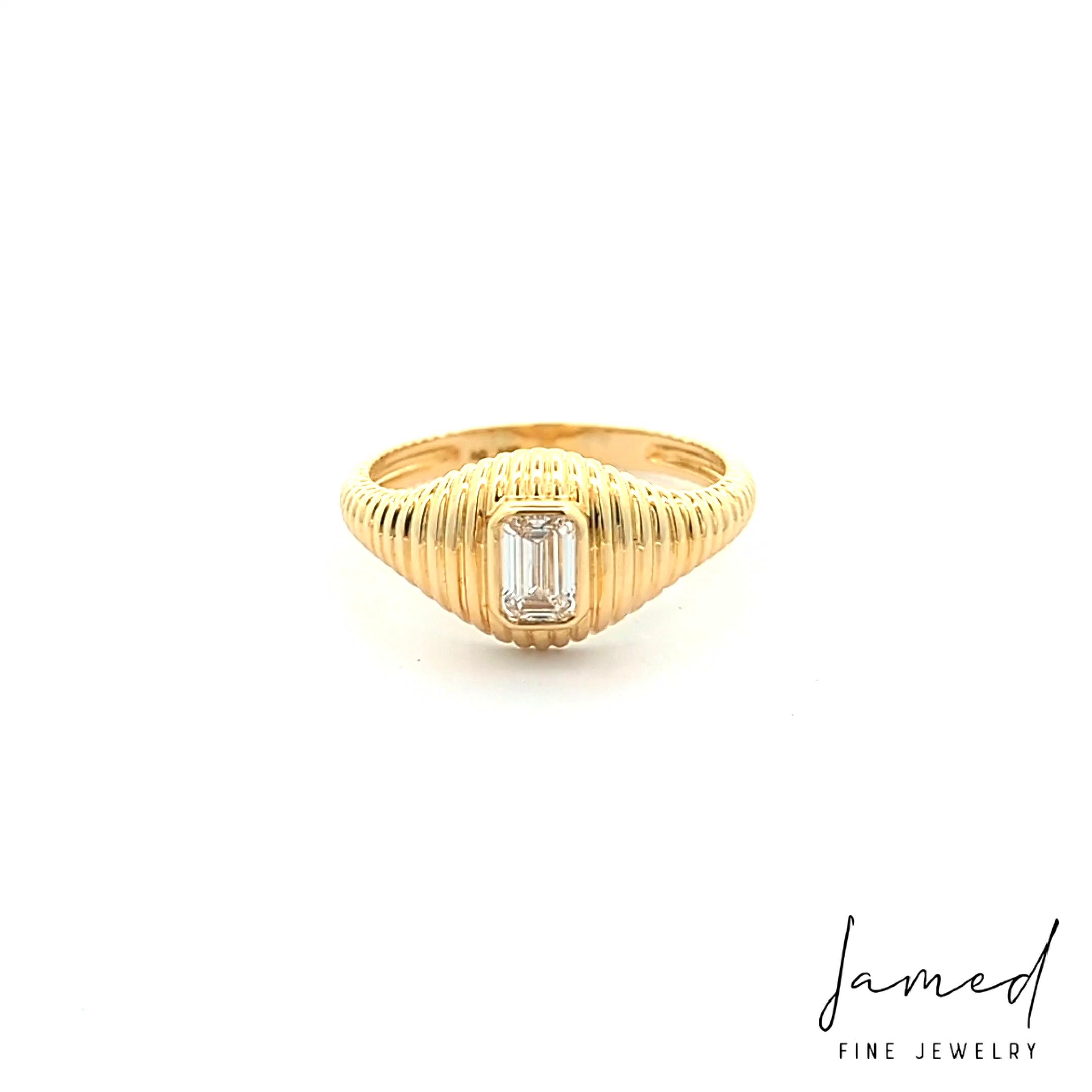 Lines Across All Shank Emeral Cut Diamond Ring in Yellow Gold